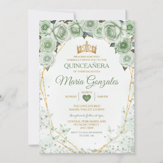 Quinceañera Sage Groene Mexicaanse Vlinder Kaart (Voorkant)