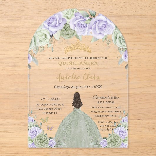 Quinceañera Sage Groene Paarse Lila Bloemenboog Acryl Uitnodigingen (Voorkant)