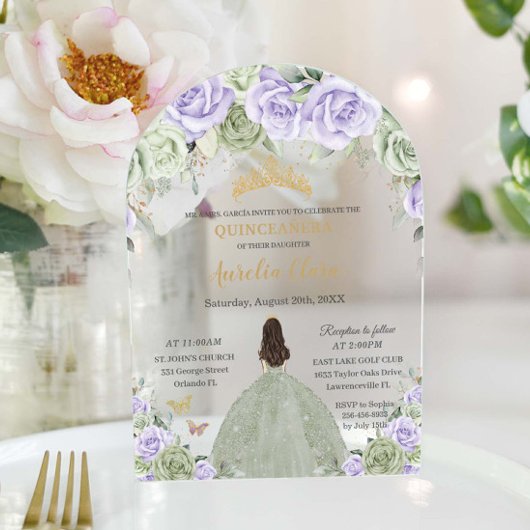 Quinceañera Sage Groene Paarse Lila Bloemenboog Acryl Uitnodigingen
