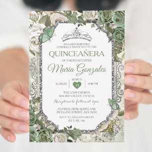 Quinceañera Sage Groene & Zilveren Kroonvlinder Kaart