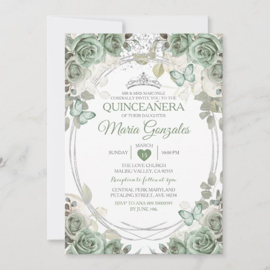 Quinceañera Sage Groene & Zilveren Kroonvlinder Kaart (Voorkant)