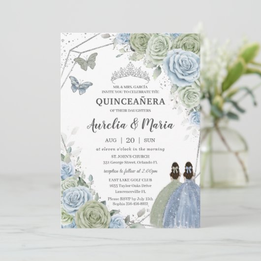 Quinceañera Salie Groen Blauw Bloem Twins Zilver Kaart (Staand voorkant)