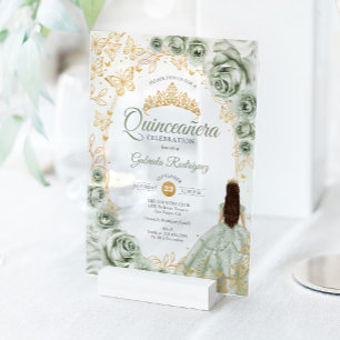 Quinceanera Salie Groen Goud Bloem Acryl Uitnodigingen