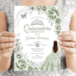 Quinceanera Salie Groen Zilveren Jurk Bloem Kaart