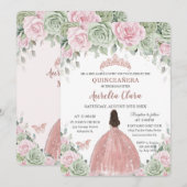 Quinceañera Saliegroen Roze Bloem Roze Goud Kaart (Voorkant / Achterkant)