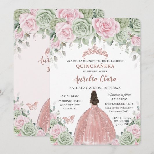 Quinceañera Saliegroen Roze Bloem Roze Goud Kaart