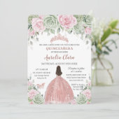 Quinceañera Saliegroen Roze Bloem Roze Goud Kaart (Staand voorkant)