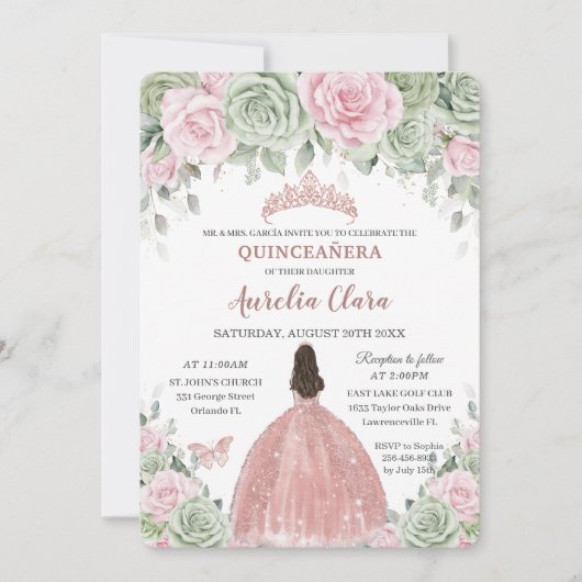 Quinceañera Saliegroen Roze Bloem Roze Goud Kaart (Voorkant)