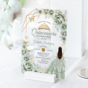 Quinceanera Saliegroene Jurk Bloem Goud Acryl Uitnodigingen