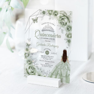 Quinceanera saliegroene jurk bloem zilver acryl uitnodigingen