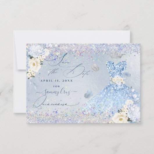 Quinceanera Save Date Blue Holographic Confetti Kaart (Voorkant)