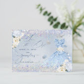 Quinceanera Save Date Blue Holographic Confetti Kaart (Staand voorkant)