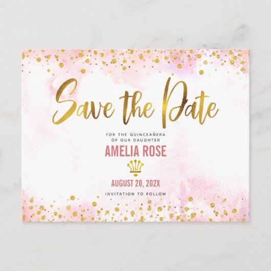 Quinceañera Save Date Blush Pink Waterverf Gold Uitnodiging Briefkaart (Voorkant)