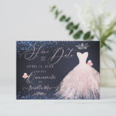 Quinceanera Save Date Butterfly Blush Gown Navy Kaart (Staand voorkant)