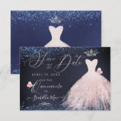 Quinceanera Save Date Butterfly Blush Gown Navy Kaart (Voorkant / Achterkant)