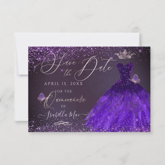 Quinceanera Save Date Butterfly Ultra Violet Kaart (Voorkant)
