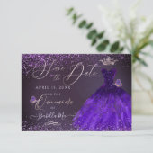 Quinceanera Save Date Butterfly Ultra Violet Kaart (Staand voorkant)