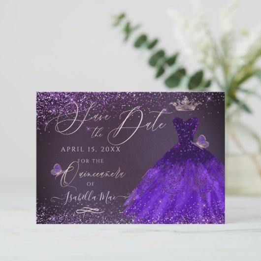 Quinceanera Save Date Butterfly Ultra Violet Kaart (Staand voorkant)