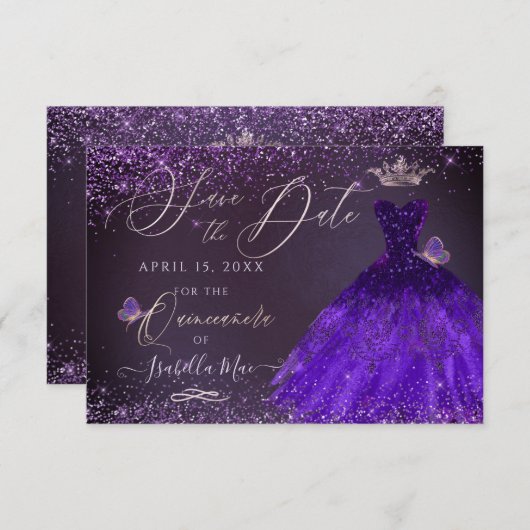 Quinceanera Save Date Butterfly Ultra Violet Kaart (Voorkant / Achterkant)