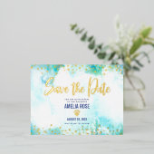 Quinceañera Save Date Crown Turquoise Real Gold Folie Uitnodiging Briefkaart (Staand Voorkant)