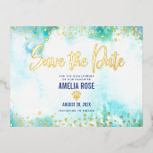 Quinceañera Save Date Crown Turquoise Real Gold Folie Uitnodiging Briefkaart (Voorkant)