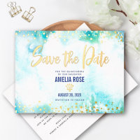 Quinceañera Save Date Crown Turquoise Real Gold