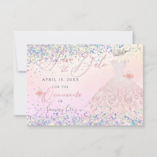 Quinceanera Save Date Holographic Confetti Invita Kaart (Voorkant)