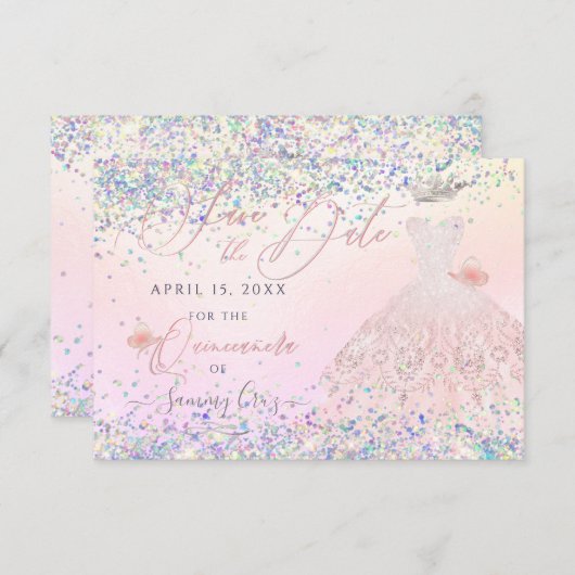 Quinceanera Save Date Holographic Confetti Invita Kaart (Voorkant / Achterkant)