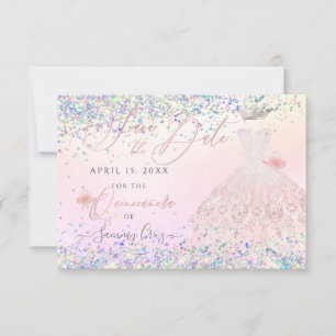 Quinceanera Save Date Holographic Confetti Invita Kaart