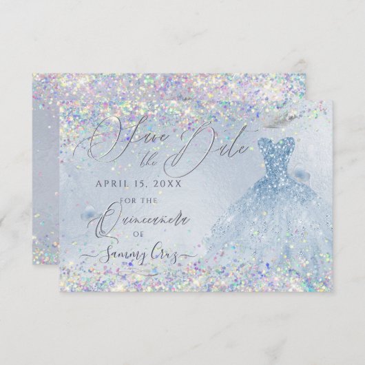 Quinceanera Save Date Holographic Confetti  Kaart (Voorkant / Achterkant)