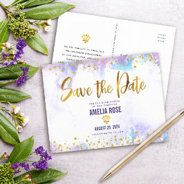 Quinceañera Save Date Paarse Waterverf Gold Foil Uitnodiging Briefkaart