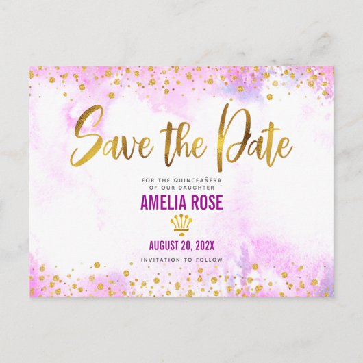Quinceañera Save Date Pink Waterverf Gold Foil Uitnodiging Briefkaart (Voorkant)