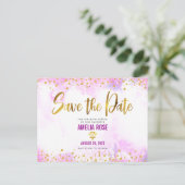 Quinceañera Save Date Pink Waterverf Gold Foil Uitnodiging Briefkaart (Staand voorkant)