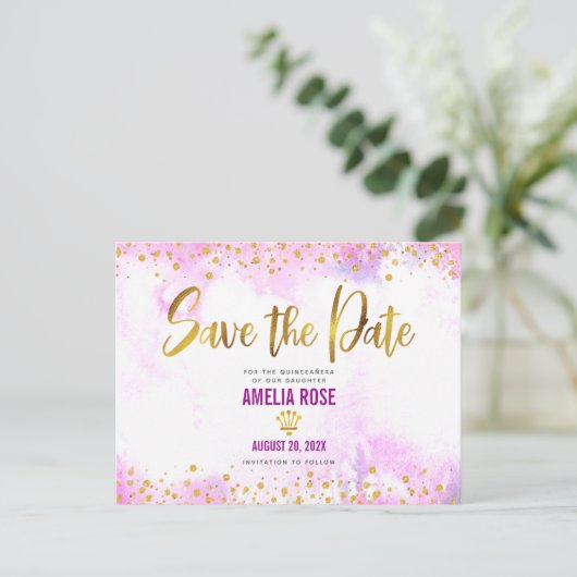 Quinceañera Save Date Pink Waterverf Gold Foil Uitnodiging Briefkaart (Staand voorkant)