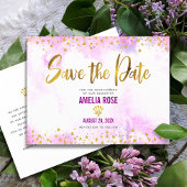 Quinceañera Save Date Pink Waterverf Gold Foil Uitnodiging Briefkaart