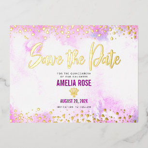 Quinceañera Save Date Pink Waterverf Real Gold Folie Uitnodiging Briefkaart
