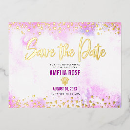 Quinceañera Save Date Pink Waterverf Real Gold Folie Uitnodiging Briefkaart