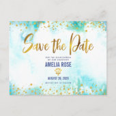 Quinceañera Save Date Turquoise Waterverf Gold Uitnodiging Briefkaart (Voorkant)