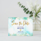 Quinceañera Save Date Turquoise Waterverf Gold Uitnodiging Briefkaart (Staand voorkant)