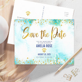 Quinceañera Save Date Turquoise Waterverf Gold Uitnodiging Briefkaart