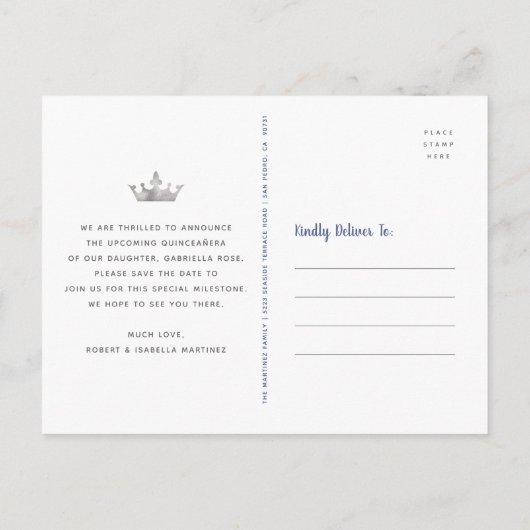 Quinceañera Save Datum Marine Zilveren Glitter Kro Uitnodiging Briefkaart (Achterkant)