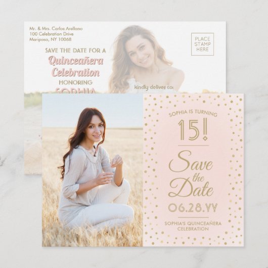 Quinceañera Save the Date 2 Foto Blauw Roze Goud Uitnodiging Briefkaart (Voorkant / Achterkant)