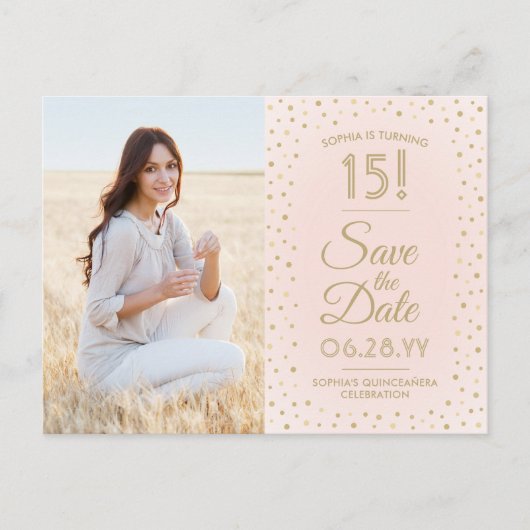 Quinceañera Save the Date 2 Foto Blauw Roze Goud Uitnodiging Briefkaart (Voorkant)