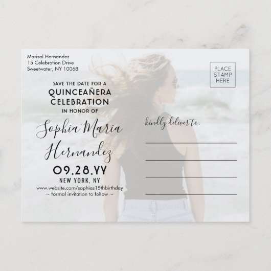 Quinceañera Save the Date 2 Foto Elegant Script Aankondigingskaart (Achterkant)