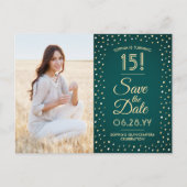 Quinceañera Save the Date 2 Foto groen en goud Uitnodiging Briefkaart (Voorkant)