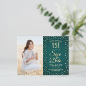 Quinceañera Save the Date 2 Foto groen en goud Uitnodiging Briefkaart (Staand voorkant)