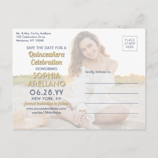 Quinceañera Save the Date 2 Foto Marine Blauw & Go Uitnodiging Briefkaart (Achterkant)