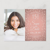 Quinceañera Save the Date 2 Foto Roos Goud Roze Uitnodiging Briefkaart (Voorkant)