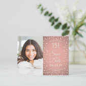 Quinceañera Save the Date 2 Foto Roos Goud Roze Uitnodiging Briefkaart (Staand voorkant)