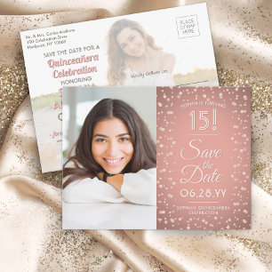 Quinceañera Save the Date 2 Foto Roos Goud Roze Uitnodiging Briefkaart